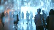 © Justlight - Defocused view of an interactive display surrounded by hazy observers in an art installation.