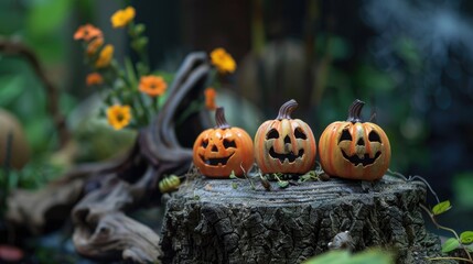 Wall Mural - Small pumpkins from the garden are placed on a tree trunk base ready for Halloween