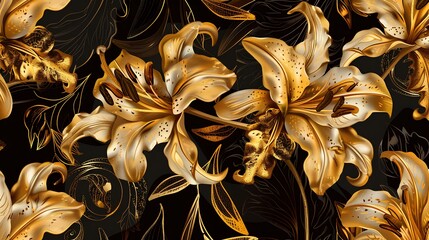 Wall Mural - A vintage luxury seamless floral background unfolds, adorned with intricate golden lilies flowers, each petal and leaf captured in exquisite detail by an HD camera