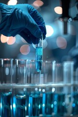 Wall Mural - Scientist Holding Test Tube with Blue Liquid in Laboratory, Conducting Scientific Research, Experimentation, and Analysis in Modern Lab Environment with Bokeh Background