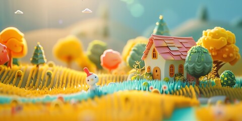 
Tiny cute isometric A beautiful rainbow village morning scene. Sunlight shines on the golden wheat field and dozens of small animals are busy. Describe the rainbow village morning scene, 2:1