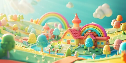 Wall Mural - 
Tiny cute isometric A beautiful rainbow village morning scene. Sunlight shines on the golden wheat field and dozens of small animals are busy. Describe the rainbow village morning scene, 2:1