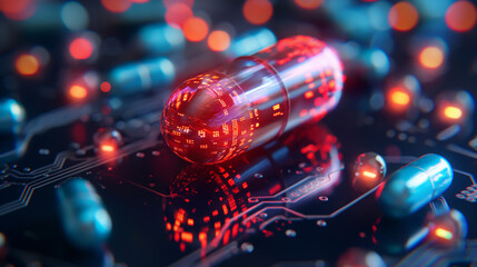 3D illustration of holographic capsule and pills with medical science data interface. Digital futuristic concept for future medical technology research.