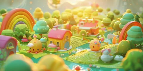 Wall Mural - 
Tiny cute isometric A beautiful rainbow village morning scene. Sunlight shines on the golden wheat field and dozens of small animals are busy. Describe the rainbow village morning scene, 2:1