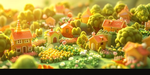 Wall Mural - 
Tiny cute isometric A beautiful rainbow village morning scene. Sunlight shines on the golden wheat field and dozens of small animals are busy. Describe the rainbow village morning scene, 2:1