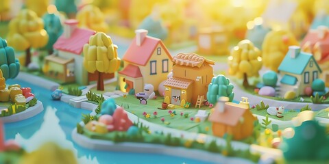 Wall Mural - 
Tiny cute isometric A beautiful rainbow village morning scene. Sunlight shines on the golden wheat field and dozens of small animals are busy. Describe the rainbow village morning scene, 2:1