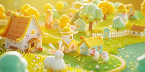 Wall Mural - 
Tiny cute isometric A beautiful rainbow village morning scene. Sunlight shines on the golden wheat field and dozens of small animals are busy. Describe the rainbow village morning scene, 2:1