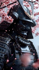 Poster - Majestic Samurai Warrior Standing Tall in Crimson and Black Armor Amid Drifting Cherry Blossoms