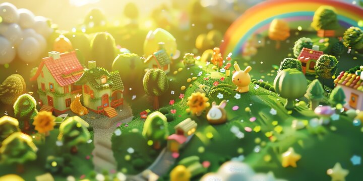 
Tiny cute isometric A beautiful rainbow village morning scene. Sunlight shines on the golden wheat field and dozens of small animals are busy. Describe the rainbow village morning scene, 2:1