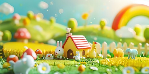 Wall Mural - 
Tiny cute isometric A beautiful rainbow village morning scene. Sunlight shines on the golden wheat field and dozens of small animals are busy. Describe the rainbow village morning scene, 2:1