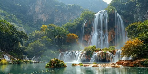 Wall Mural - An amazing panorama of magnificent waterfalls. Aesthetic atmosphere of peace and harmony. Generative AI