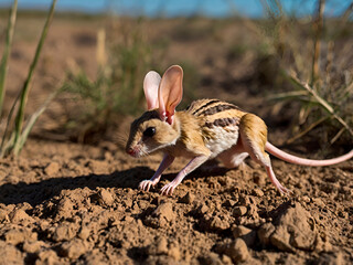 Wall Mural - A jerboa is darting into its burrow to escape a predator, its long legs and tail aiding in its swift movements.