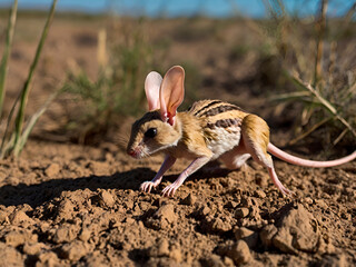 Canvas Print - A jerboa is darting into its burrow to escape a predator, its long legs and tail aiding in its swift movements.