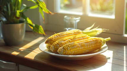 A portrait of a white plate sitting on a beautiful wooden table counter containing delicious ears of corn lit up by a bright sunny day with a luxury kitchen background