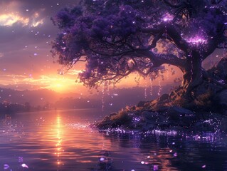 Wall Mural - A fantastical landscape with a tree covered in purple flowers and the petals are blowing in the wind. 