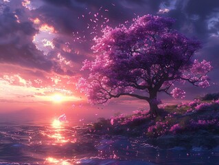 Wall Mural - A fantastical landscape with a tree covered in purple flowers and the petals are blowing in the wind. 