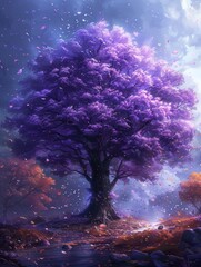 Wall Mural - A fantastical landscape with a tree covered in purple flowers and the petals are blowing in the wind. 