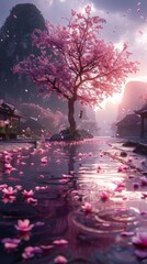 Wall Mural - A fantastical landscape with a tree covered in purple flowers and the petals are blowing in the wind. 