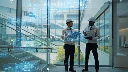 Poster - Multinational engineers having a conversation and digital technology concept