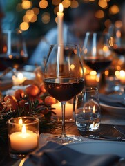 A table ready for a party with glasses of dark red Pinot Noir wine and candles. 