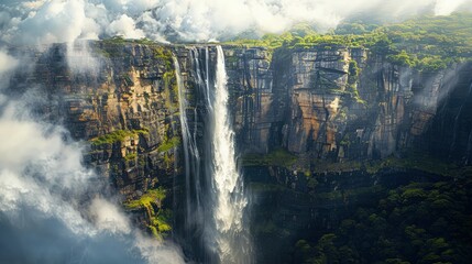 Wall Mural - Witness the breathtaking grandeur of a majestic waterfall thundering down a towering rocky cliff, surrounded by misty clouds and lush greenery clinging to the rugged terrain.
