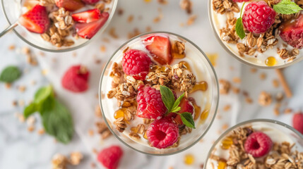 A delicious granola and berry yogurt parfait topped with fresh raspberries, strawberries, mint leaves, and drizzled with honey.
