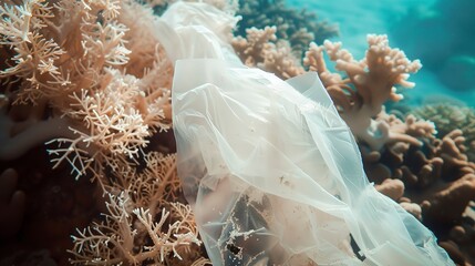 Poster - Close-up of a plastic bag entangled in coral, stark contrast between synthetic material and natural environment.