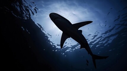 Wall Mural - Silhouette of a shark against deep sea light, close-up, mysterious dark outline, underwater world, no humans