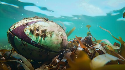 Canvas Print - Underwater rugby ball nestled in seaweed, vivid green and muddy brown, detailed close-up, no humans, sport concept 