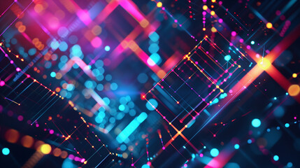 Generative AI abstract illustration of geometric shapes and structures in colorful neon colors and lights in cyberspace against dark background