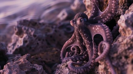 Poster - Close-up of a darting octopus amid sea rocks, vibrant purple and sandy tones, dynamic underwater action, no humans