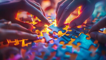 Hands Solving a Colorful Jigsaw Puzzle