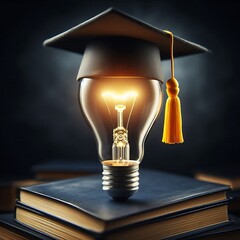 A glowing lightbulb wearing a black graduation cap with a yellow tassel