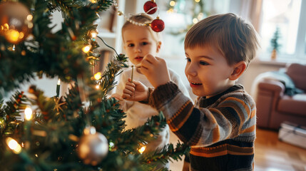 Happy young kids decorating Christmas tree at home. Festive family time