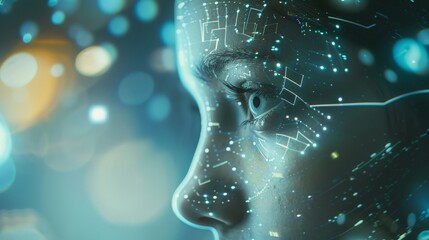 A close-up of a futuristic android's face, with glowing blue circuits and a piercing gaze, against a bokeh background.