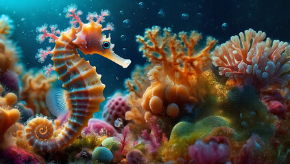 Wall Mural - A seahorse swimming on a coral reef