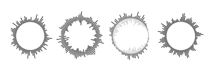 Poster - Radial sound wave pattern set. Circular audio, music or voice icon collection. Round wavy equalizer spectrum symbol pack. Black circle sunburst bundle. Vector soundwave element illustration