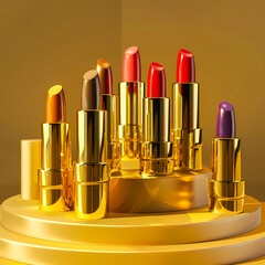 Group of elegant lipsticks on the gold podium cosmetic display.