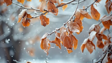 Poster - Dry leaves of a tree during a snowy day