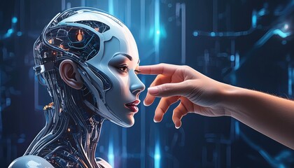 Artificial intelligence,  artificial intelligence concept; businessman's hand touching robot head, Glowing neon light lines, 