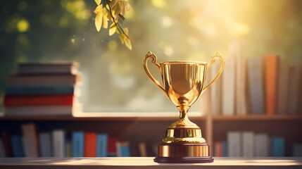 golden trophy and a pile of books on the table