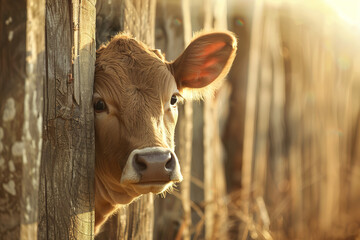 Curious calf peeking out from behind a rustic wooden fence, with a bright and sunny background. Farm animals.