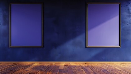 A deep cobalt wall featuring two rectangular empty blank picture frames, aligned horizontally and evenly spaced, with a polished wooden floor beneath. The frames are identical in size.