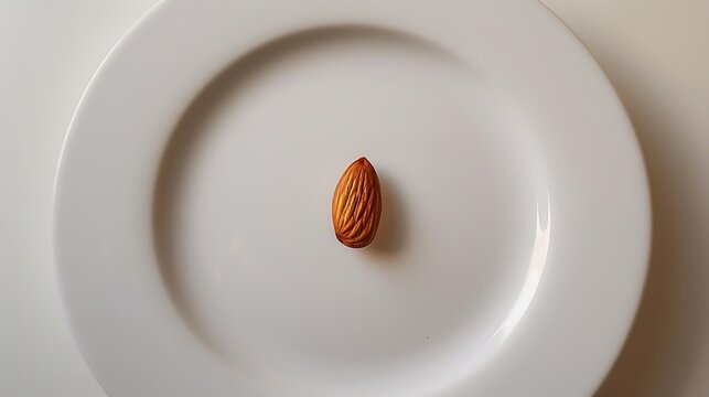 A lone almond nut placed on a spotless white plate.