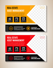 Wall Mural - Horizontal web page banner, vector illustration template design, with space for your picture. example of headline is real estate asset management. red and yellow color can be selected.