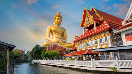 Poster - The Big Seated Buddha Statue (Buddha Dhammakaya Dhepmongkol) at Wat Paknam Phasi Charoen (temple) in Bangkok, Thailand