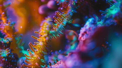 Macro shot of coral polyps, minute details resembling an otherworldly forest in vivid colors. 