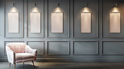 A luxe interior with a slate gray wall featuring five thin, vertical frames, each under a sleek spotlight. Nearby, a pale pink velvet armchair offers a soft textural contrast.