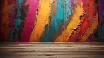 Abstract colorful paint wall. stock photo. Colorful grunge cracks wall and wood floor background.