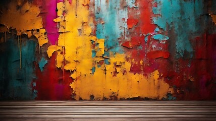 Abstract colorful paint wall. stock photo. Colorful grunge cracks wall and wood floor background.